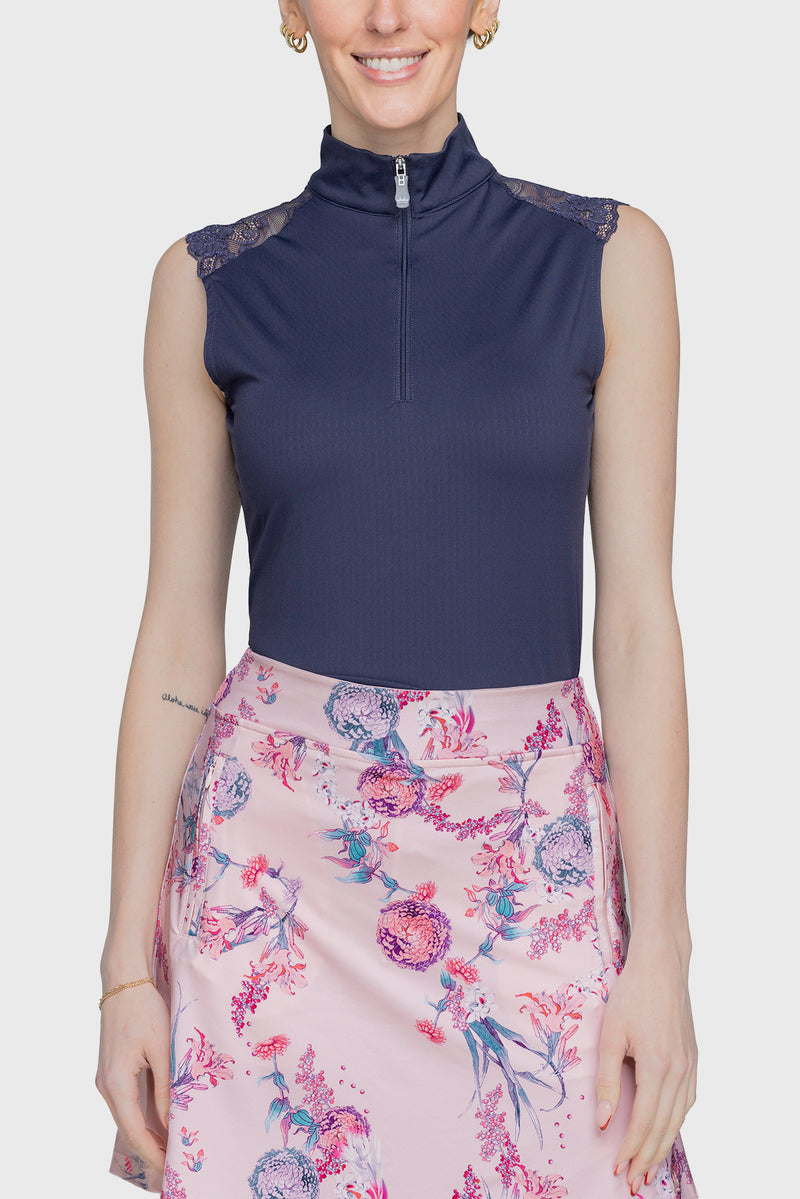 Navy Lace Shoulder 1/4 Zip Sleeveless Top - [Kastel]