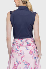 Navy Lace Shoulder 1/4 Zip Sleeveless Top - [Kastel]