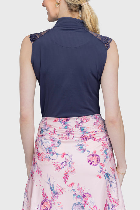 Navy Lace Shoulder 1/4 Zip Sleeveless Top - [Kastel]