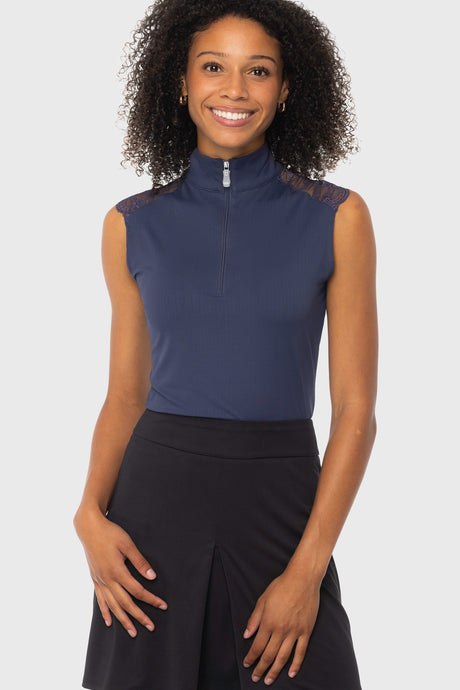 Navy Lace Shoulder 1/4 Zip Sleeveless Top Kastel Denmark