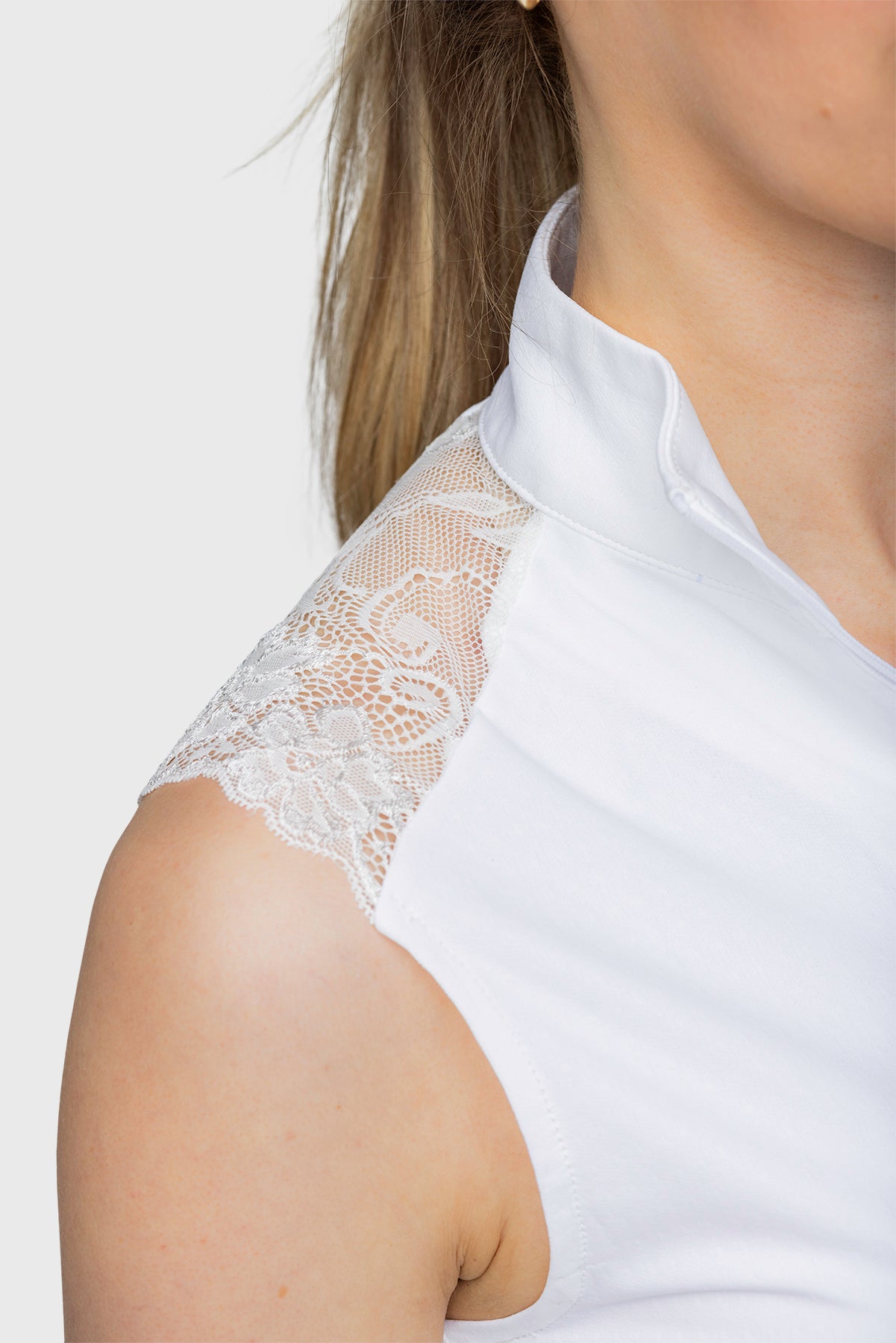 Navy Lace Shoulder 1/4 Zip Sleeveless Top - [Kastel]