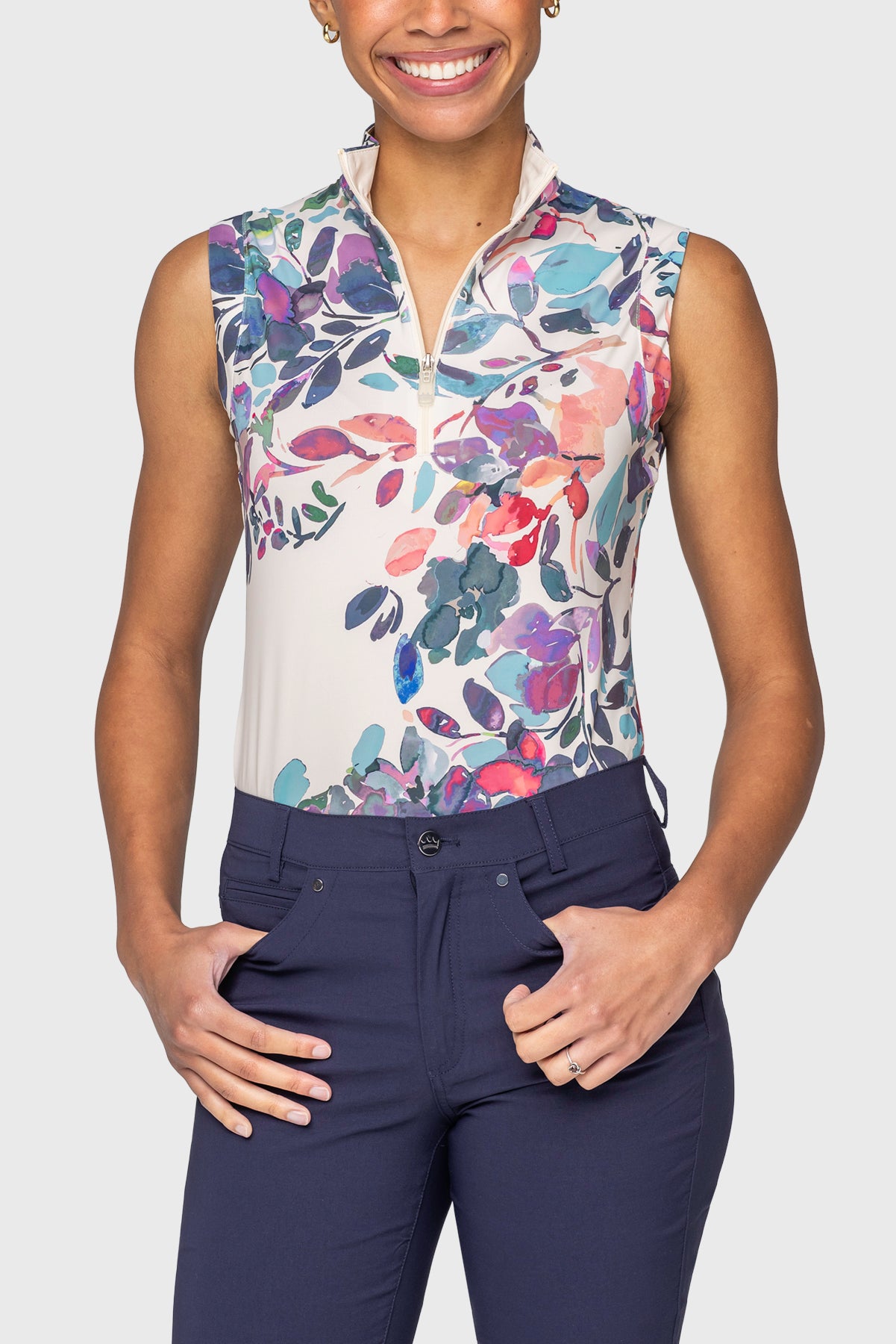 Amethyst Watercolor Floral Ruched Back Sleeveless 1/4 Zip Sun Shirt Kastel Denmark