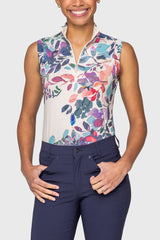 Amethyst Watercolor Floral Ruched Back Sleeveless 1/4 Zip Sun Shirt Kastel Denmark