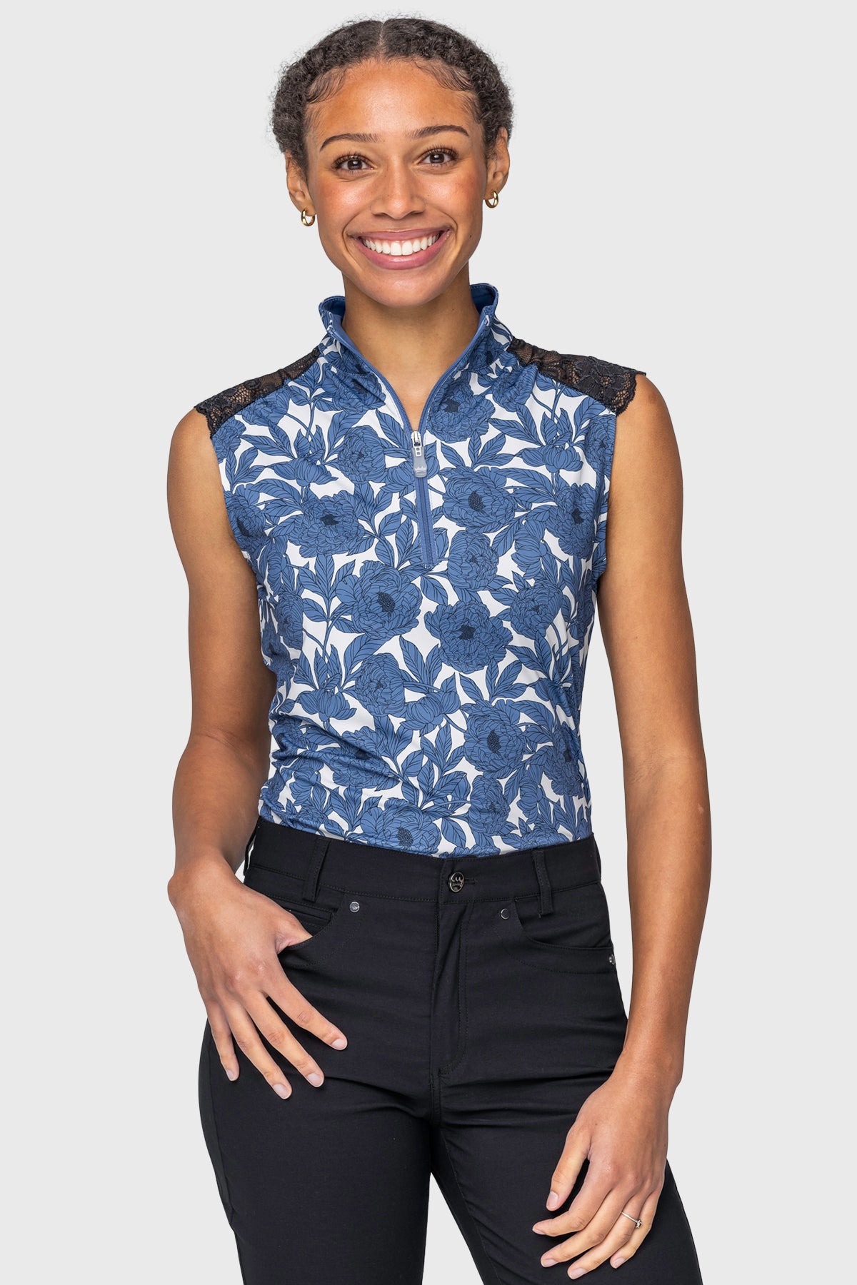 Pacific Blue Wild Rose Lace Shoulder Tank 1/4 Zip Sun Shirt Kastel Denmark
