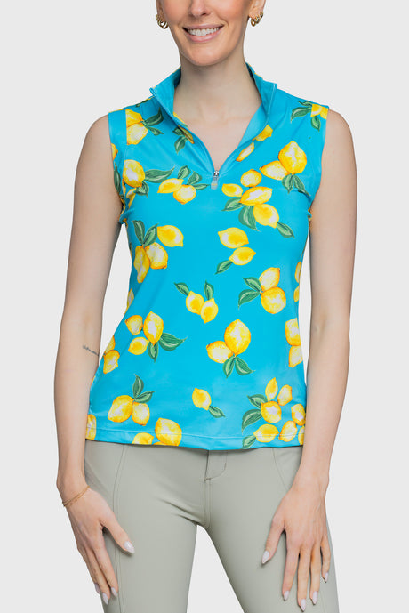 Sleeveless Ruched Back Tank Azure Lemons 1/4 Zip - [Kastel]