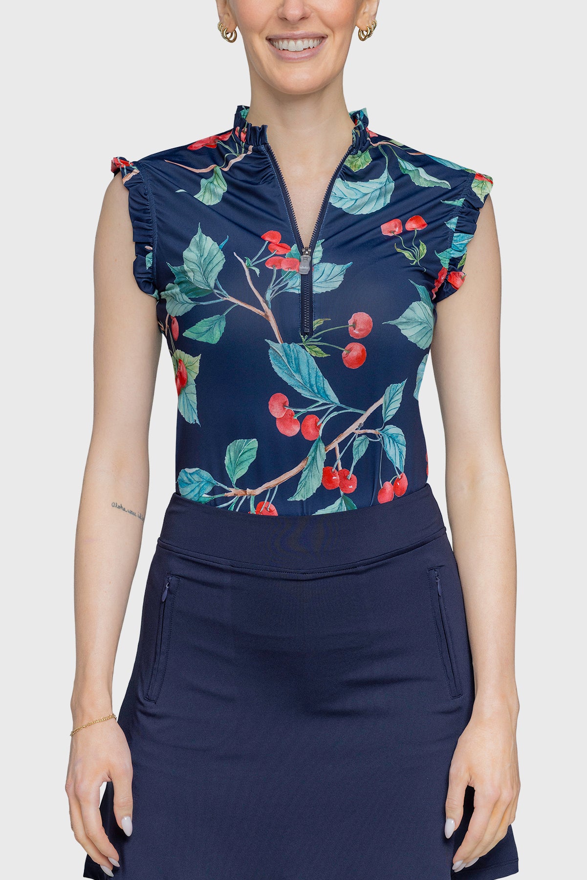 Ruffle Tank Navy Cherries 1/4 Zip - [Kastel]