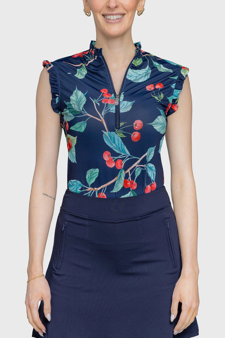 Ruffle Tank Navy Cherries 1/4 Zip - [Kastel]