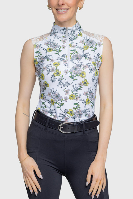 Yellow Wild Poppies Lace Shoulder Sleeveless 1/4 Zip Sun Top - [Kastel]