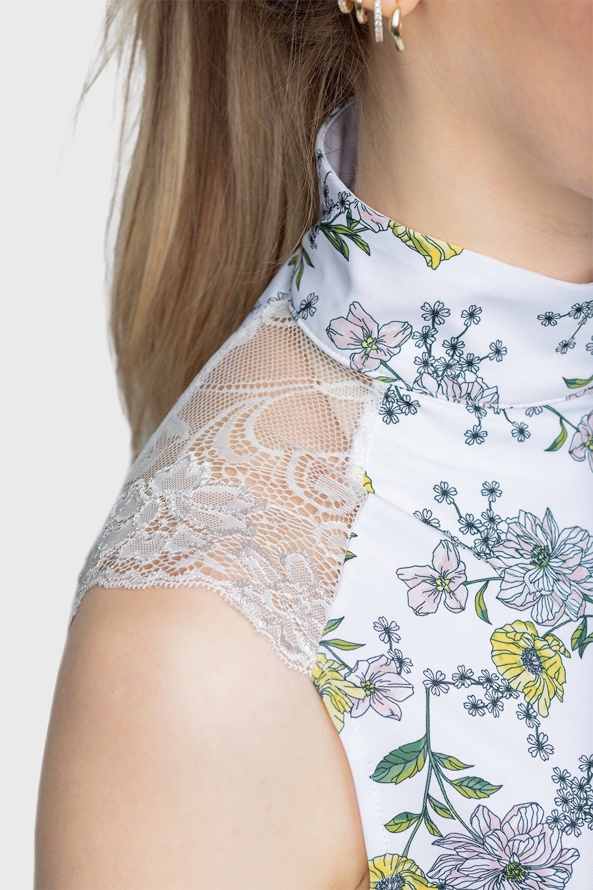 Yellow Wild Poppies Lace Shoulder Sleeveless 1/4 Zip Sun Top - [Kastel]