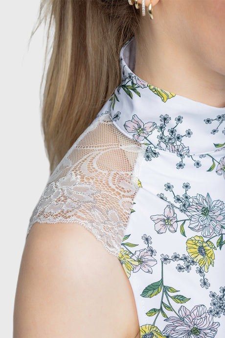 Yellow Wild Poppies Lace Shoulder Sleeveless 1/4 Zip Sun Top - [Kastel]