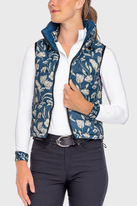 Sailor Blue French Tulip & Solid Reversible Puffer Vest - [Kastel]