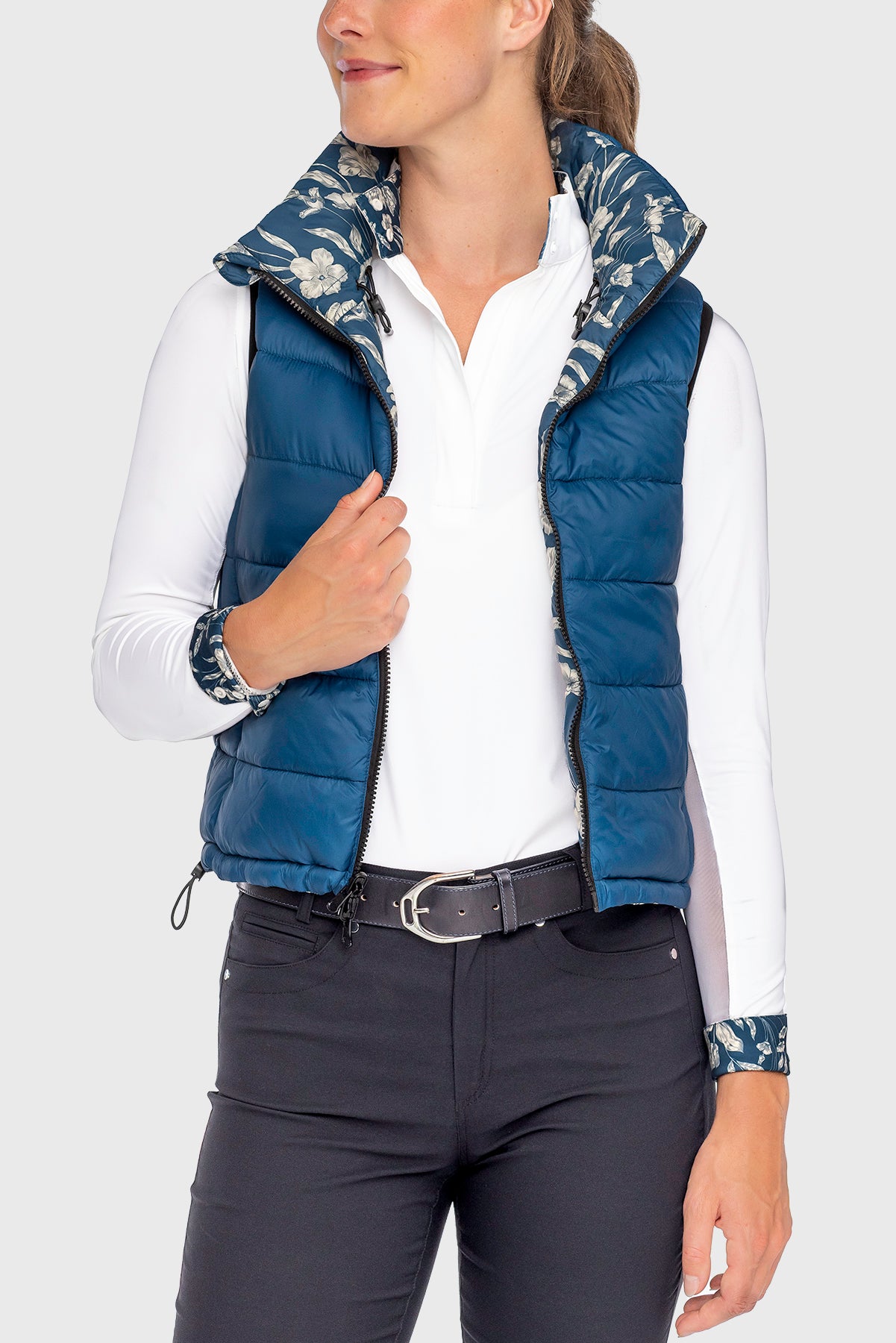 Sailor Blue French Tulip & Solid Reversible Puffer Vest - [Kastel]
