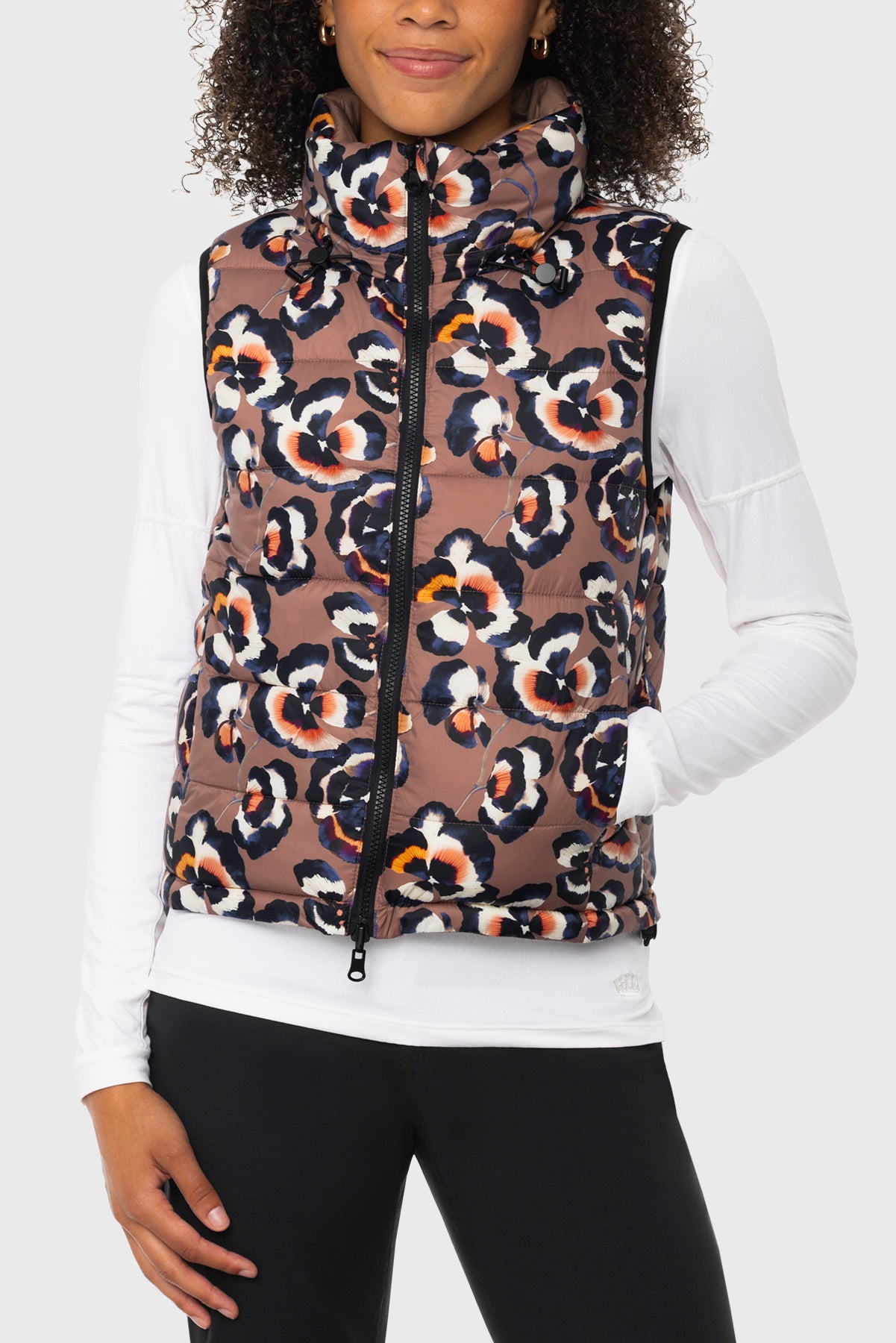 Chocolate Brown Pansies Reversible Puffer Vest w/Chocolate Brown Reverse Kastel Denmark US