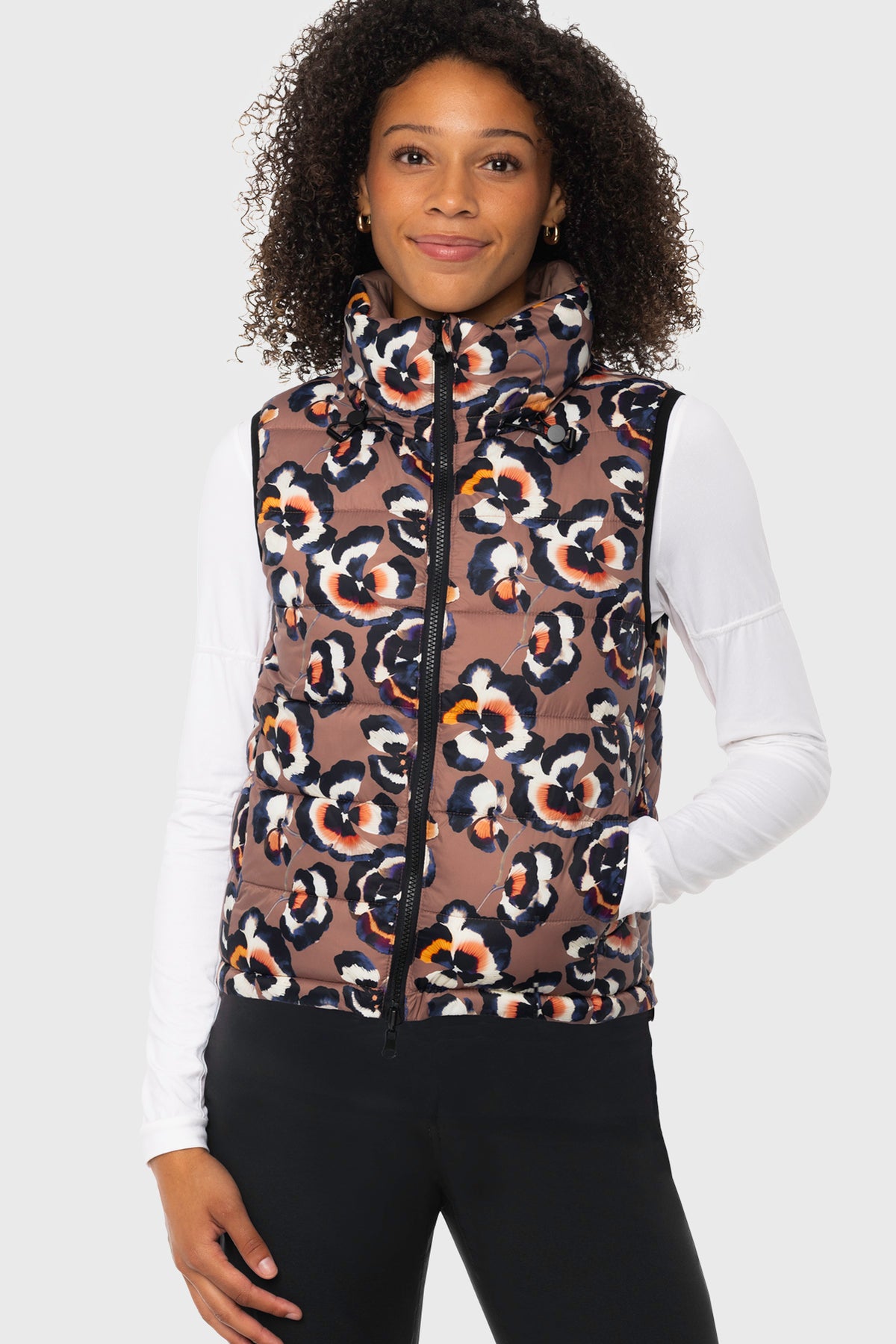 Chocolate Brown Pansies Reversible Puffer Vest w/Chocolate Brown Reverse Kastel Denmark US