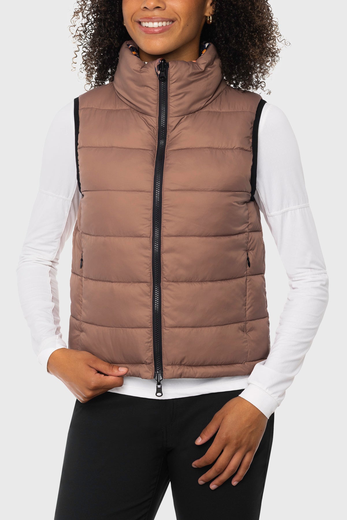 Chocolate Brown Pansies Reversible Puffer Vest w/Chocolate Brown Reverse Kastel Denmark US