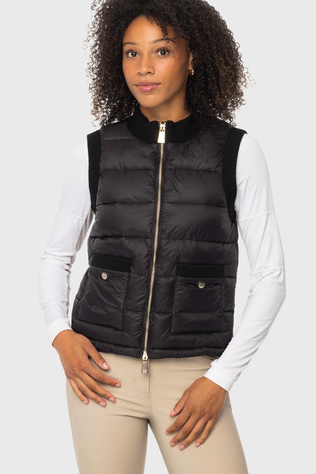 Black Quilted Vest w/Knit Trim & Gold Zipper Kastel Denmark US