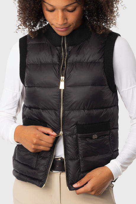 Black Quilted Vest w/Knit Trim & Gold Zipper Kastel Denmark US