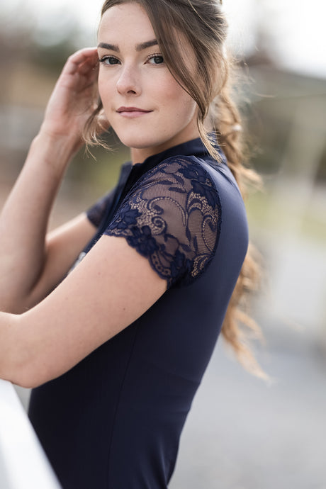 Galloon Lace Navy Short Sleeve Sun Shirt - [Kastel]