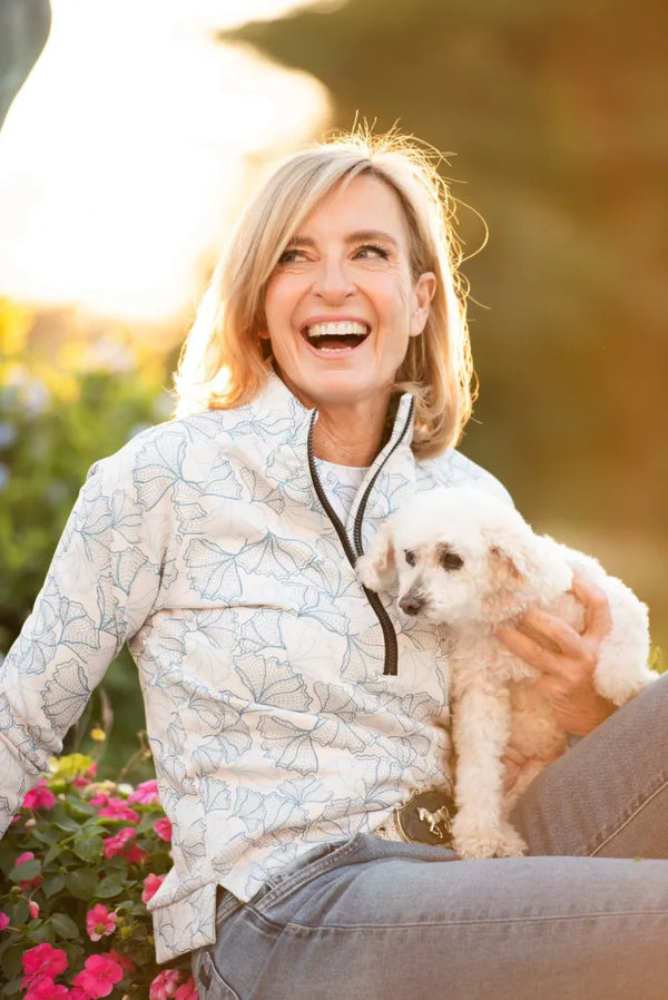 Chambray Blue Poppies ½ Zip Scuba Pullover