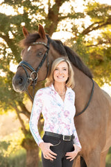 Pink Tea Garden 1/4 Zip Long Sleeve Shirt w/Striped Trim