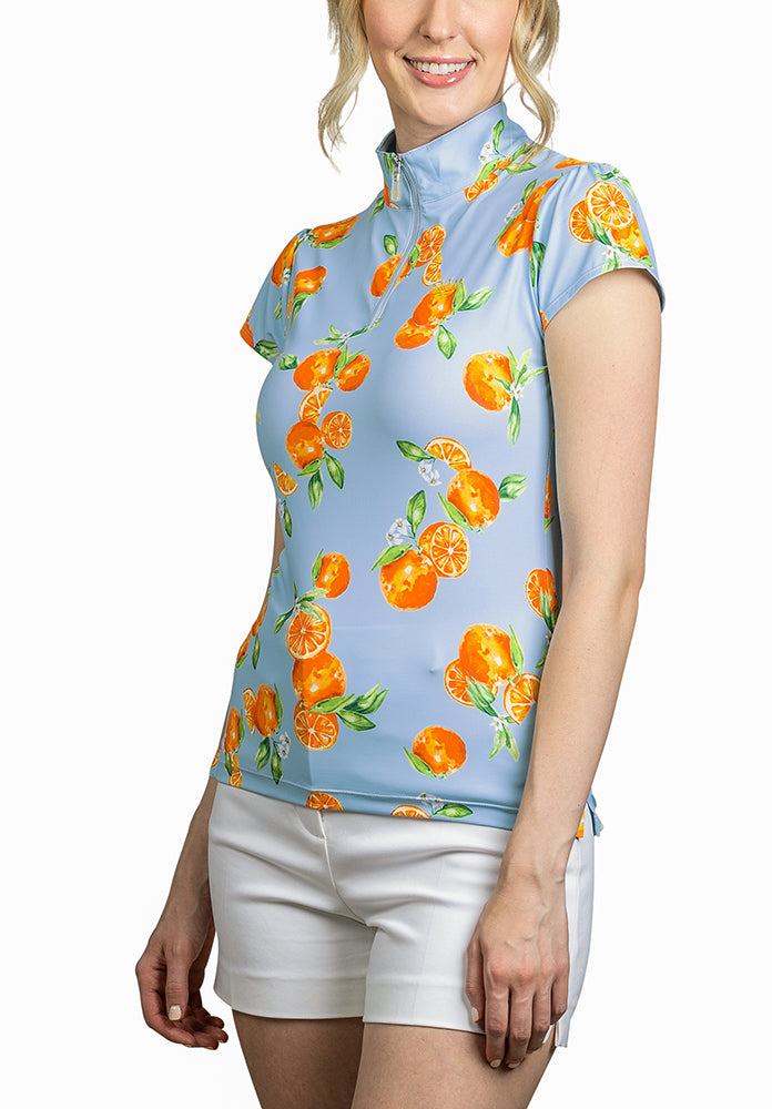 Slim Fit, Shirred Shoulder Light Blue Oranges Cap Sleeve - Final Sale - [Kastel]