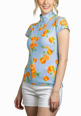 Slim Fit, Shirred Shoulder Light Blue Oranges Cap Sleeve - Final Sale - [Kastel]