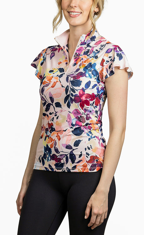 Slim Fit, Flutter Sleeve Watercolor with Rose Gold Zipper - Final Sale - [Kastel]