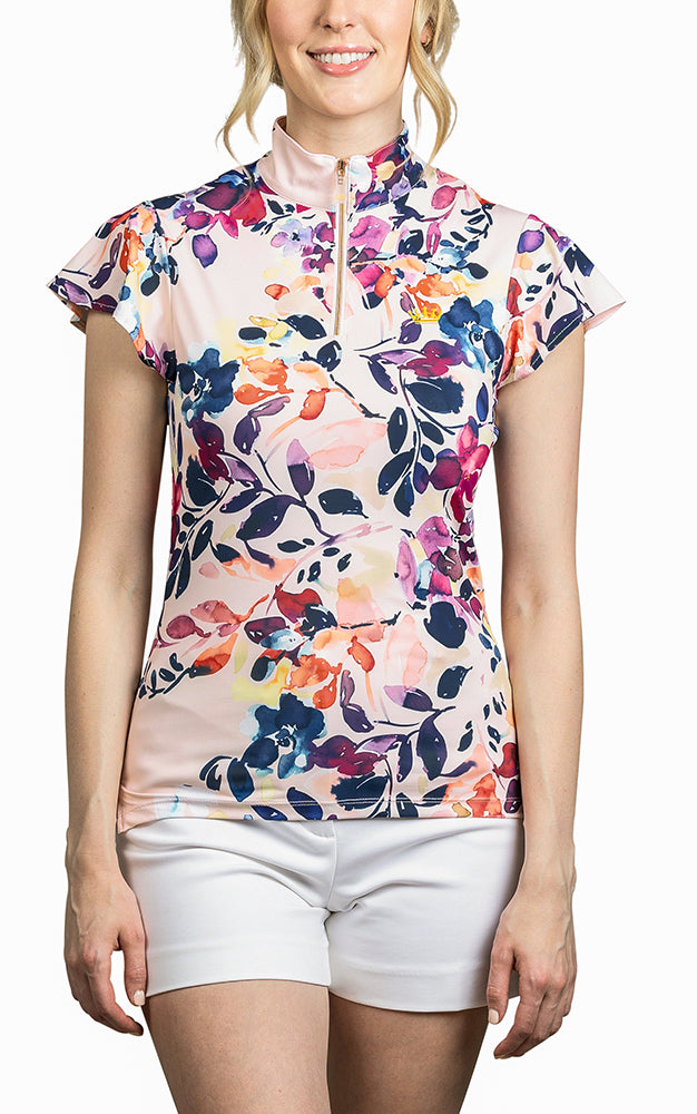 Slim Fit, Flutter Sleeve Watercolor with Rose Gold Zipper - Final Sale - [Kastel]