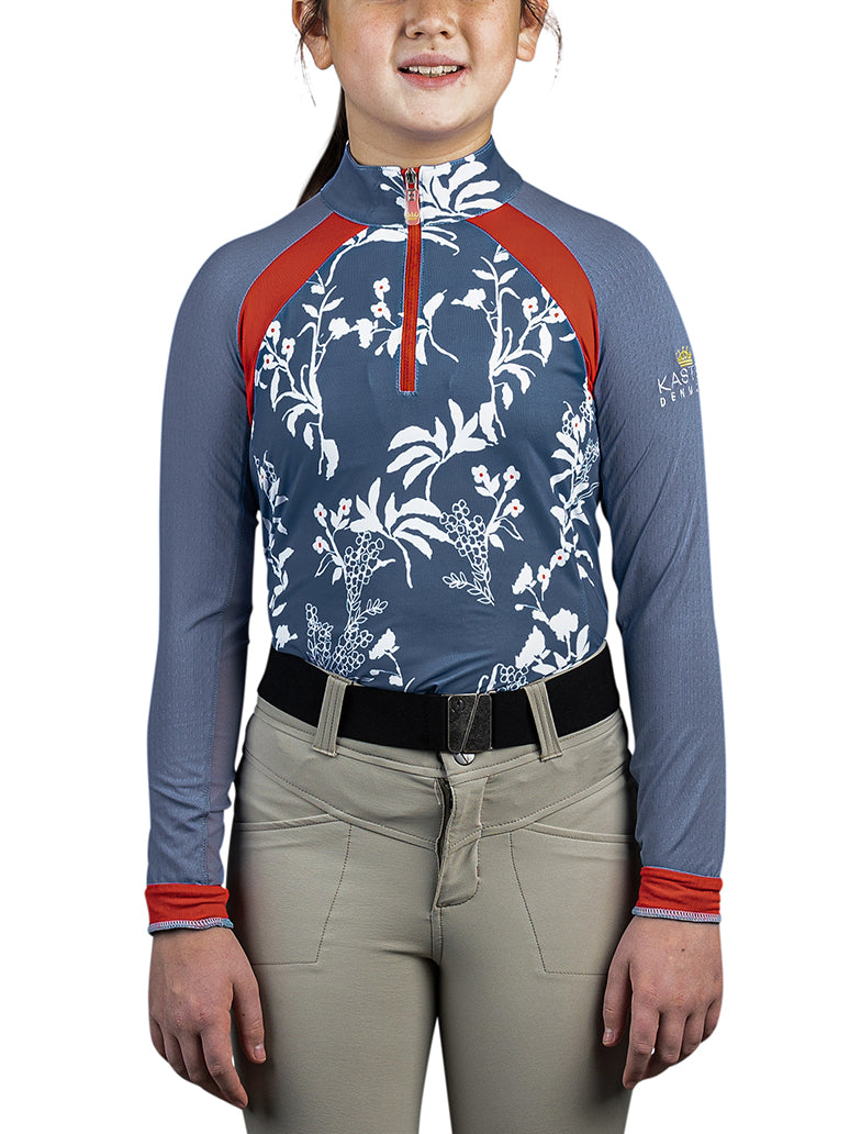 Kids Long Sleeve Denim Blue and White Floral with Red Trim - [Kastel]