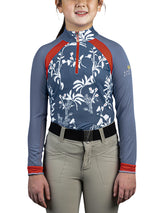 Kids Long Sleeve Denim Blue and White Floral with Red Trim - [Kastel]