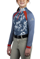 Kids Long Sleeve Denim Blue and White Floral with Red Trim - [Kastel]