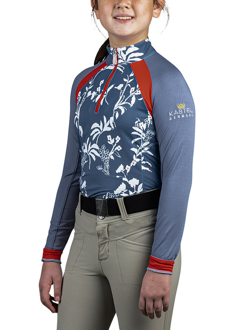 Kids Long Sleeve Denim Blue and White Floral with Red Trim - [Kastel]