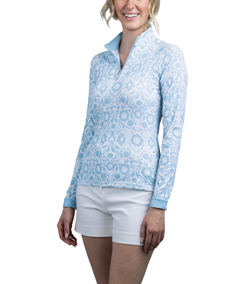 Long Sleeve Light Blue And White Floral 1/4 Zip