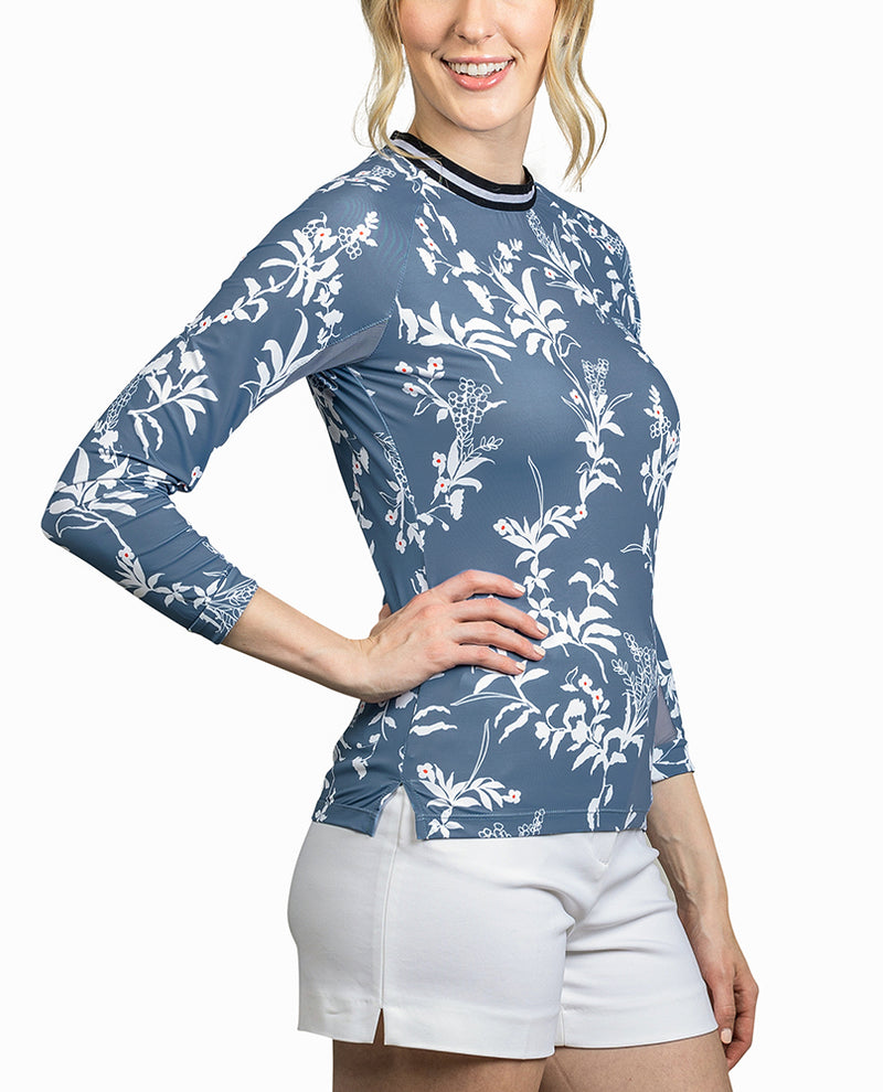 Long Sleeve Denim Blue White Floral Crew Neck with Trim