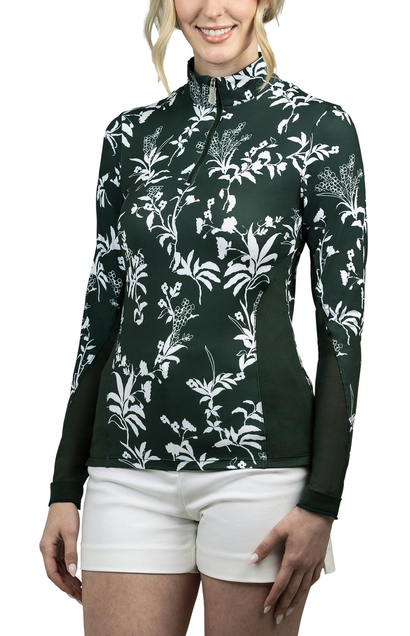 Forest Green and White Floral Long Sleeve Extended Mesh
