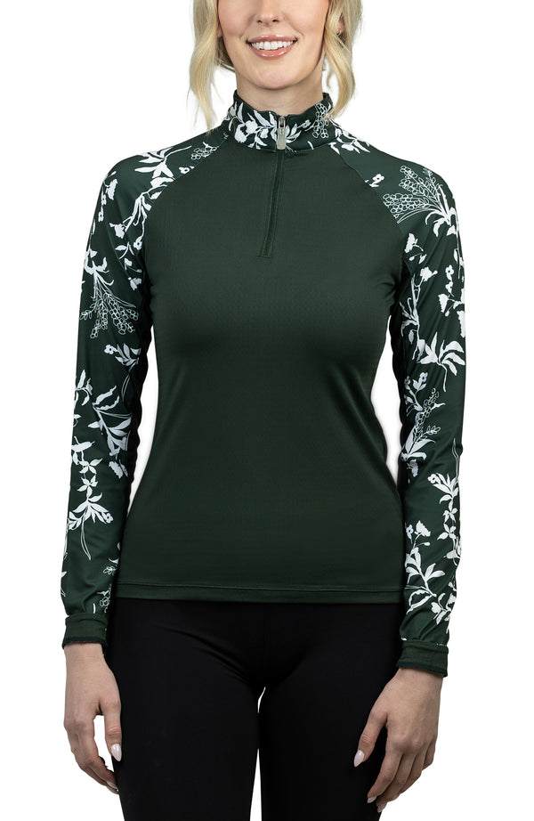 Forest Green and White Floral Long Sleeve Raglan Print