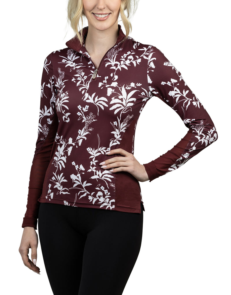 Tawny Port and White Floral Long Sleeve Extended Mesh