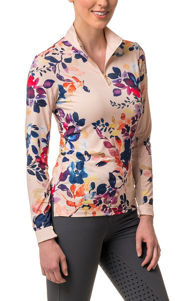 Long Sleeve All-Over Watercolor Print with Rose Gold Zipper