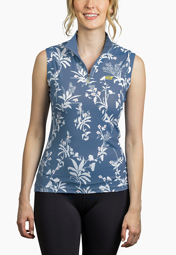 Slim Fit, Sleeveless Denim Blue White Floral Tank - Final Sale - [Kastel]
