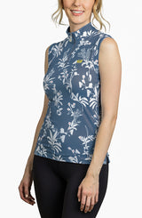 Slim Fit, Sleeveless Denim Blue White Floral Tank - Final Sale - [Kastel]